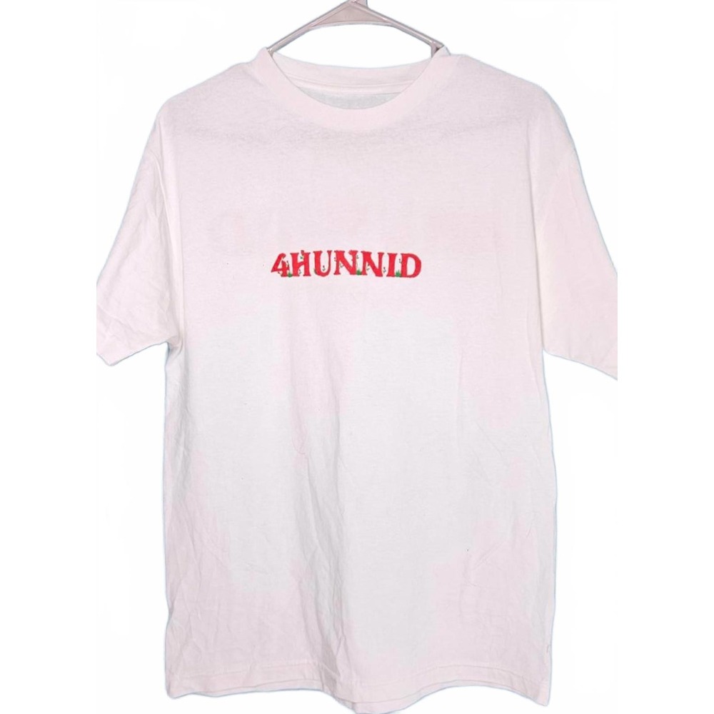 4Hunnid 4Forever‎ White T-Shirt Red Embroidered Logo Floral Detail Mens Medium